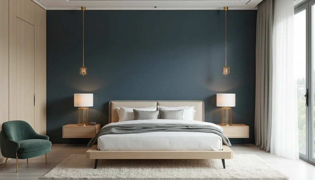 اتاق خواب مدرن با دیوار آبی تیره، تخت چوبی روشن، نورپردازی گرم و طراحی مینیمال