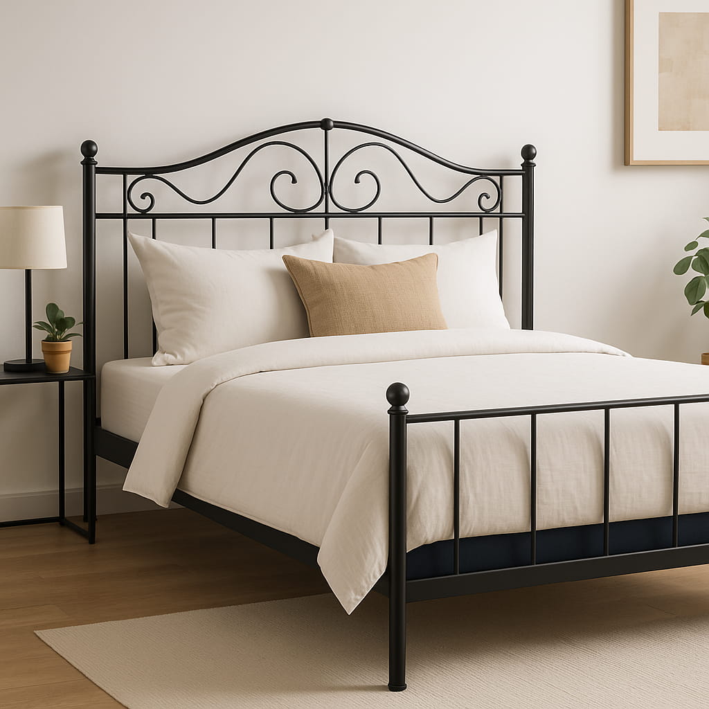 عکس تخت خواب فلزی به همراه تشک در یک اتاق خواب مدرن