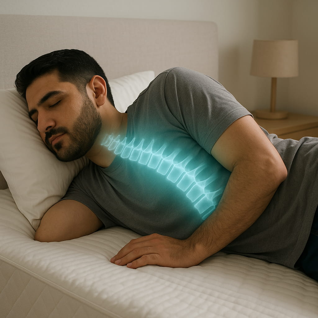 تصویر ستون فقرات فردی که بر روی تشک تخت خواب طبی دراز کشیده