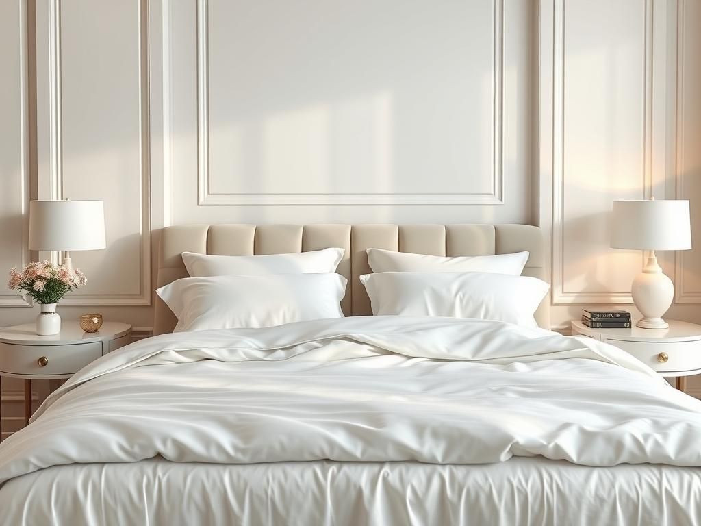 تصویر اتاق خواب لوکس با تخت خواب سفید و نورپردازی آرام؛ نمونه‌ای از سرویس خواب باکیفیت و دکوراسیون استاندارد.