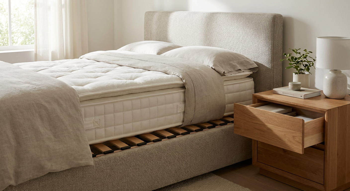 نمای نزدیک از کفی تخت با اسلت‌های چوبی و تشک استاندارد؛ بررسی زیرسازی مناسب برای پشتیبانی یکنواخت تشک.