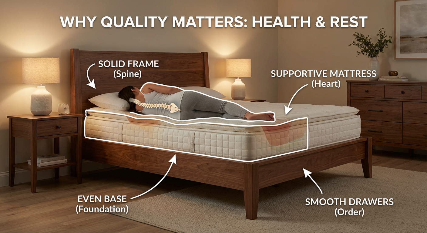 نمای آموزشی کیفیت سرویس خواب؛ اهمیت قاب محکم، تشک استاندارد، کفی یکنواخت و کشوهای روان برای حفظ سلامت ستون فقرات.