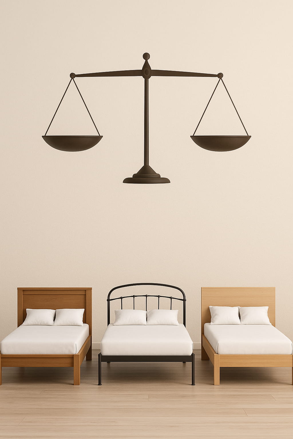 تصویر مقایسه‌ای تخت خواب‌های چوبی، فلزی و MDF در فضای مدرن با پس‌زمینه روشن، راهنمای انتخاب بهترین جنس تخت خواب