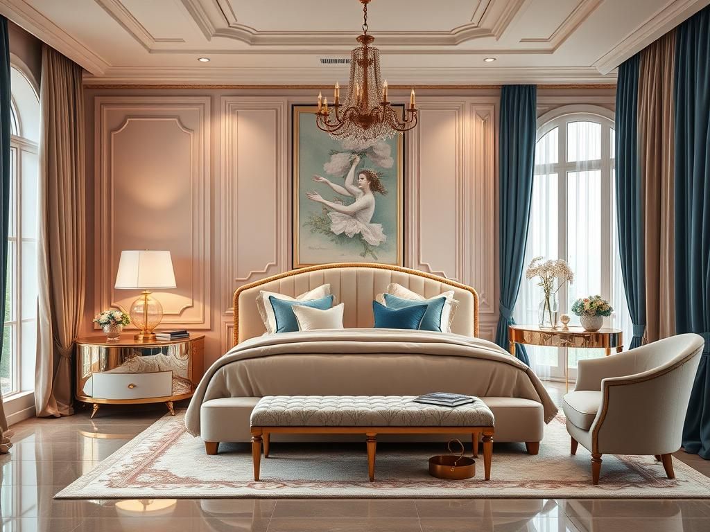 سرویس خواب عروس کلاسیک با پالت کرمی و طلایی در اتاقی لوکس؛ نمونه‌ای از بهترین رنگ‌های سرویس خواب عروس ۲۰۲۶ با دکوراسیون نئوکلاسیک