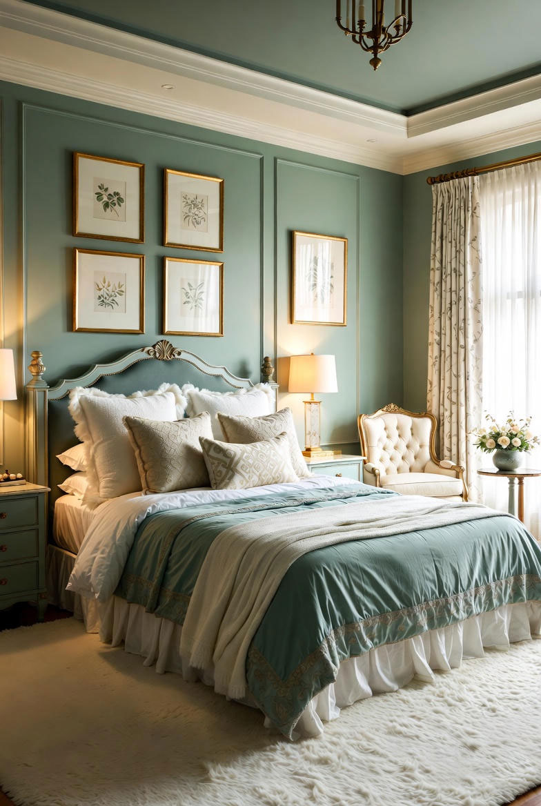 اتاق خواب کلاسیک با سرویس خواب عروس به رنگ سبز ساجی و کرمی؛ نمونه‌ای شیک از ترند رنگ‌های طبیعی و آرامش‌بخش سرویس خواب عروس ۲۰۲۶