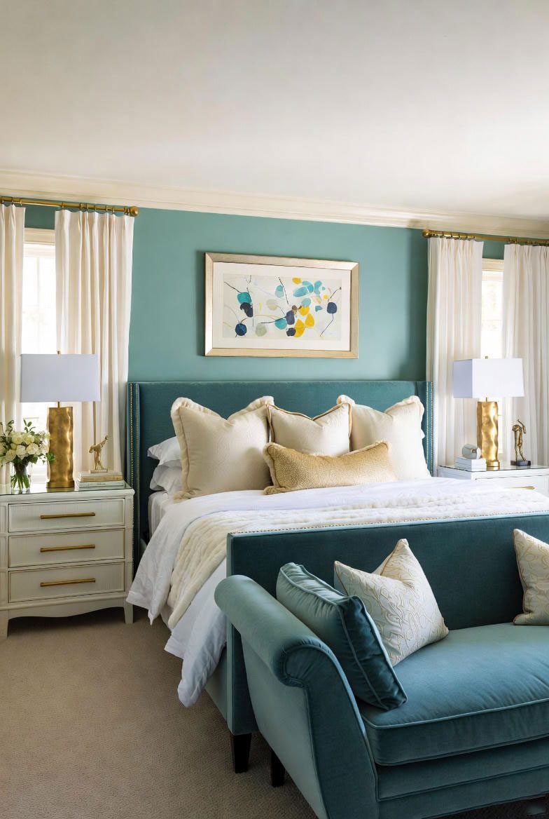 اتاق خواب مدرن با سرویس خواب عروس سبز آبی و اکسسوری‌های طلایی؛ الهام‌بخش انتخاب رنگ سرویس خواب عروس در سال ۲۰۲۶ با ترکیب‌های لوکس و امروزی