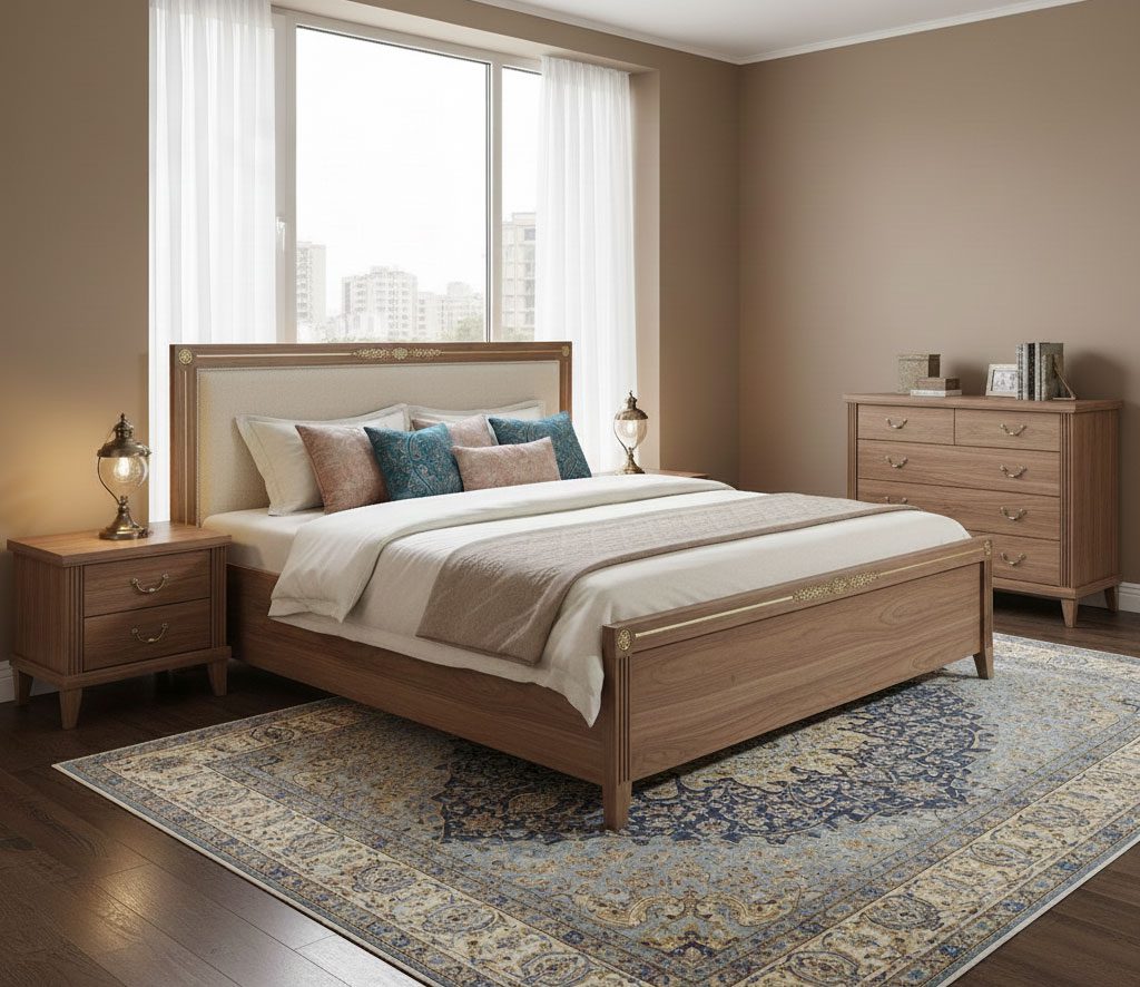 سرویس خواب مدرن چوبی با رنگ گرم، هدبورد ساده و فرش ایرانی مناسب آپارتمان‌های امروزی