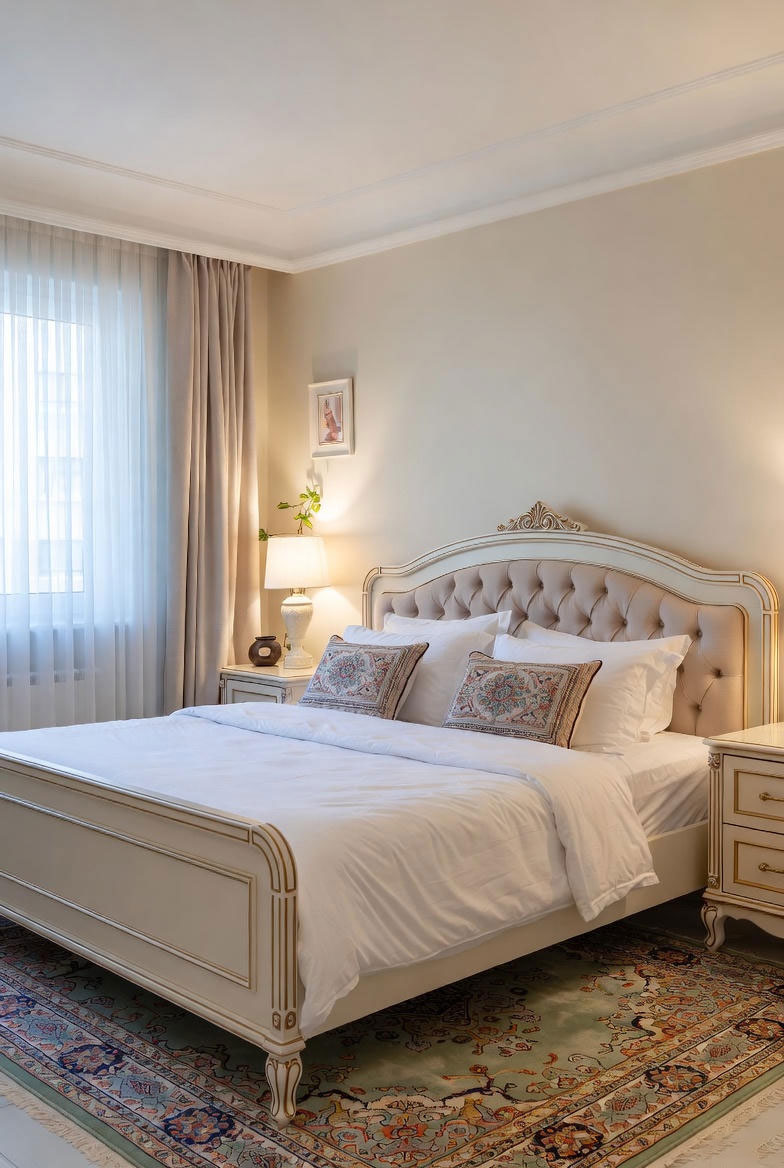سرویس خواب نئوکلاسیک در اتاق‌خواب آپارتمانی با تاج لمسه، رنگ کرمی و فرش ایرانی سنتی