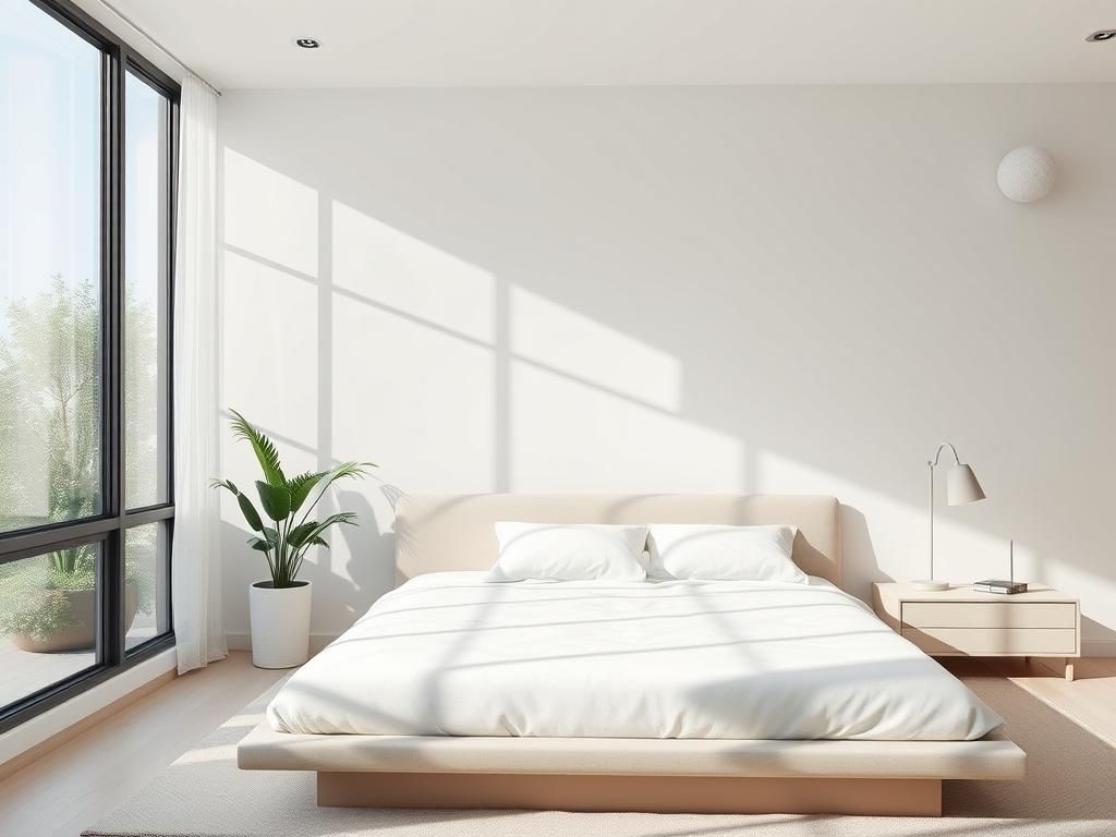 اتاق خواب مینیمال روشن با تخت خواب ساده و کم‌ارتفاع، دیوارهای سفید، نور طبیعی فراوان، پاتختی مینیمال و گلدان سبز کنار پنجره بزرگ.