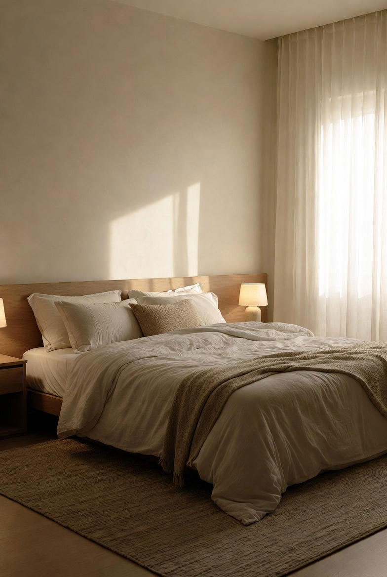 اتاق خواب مینیمال گرم با پالت رنگی بژ و کرم، تخت خواب ساده چوبی، نور نرم عصرگاهی، چراغ‌های رومیزی مینیمال و روتختی بافت‌دار.