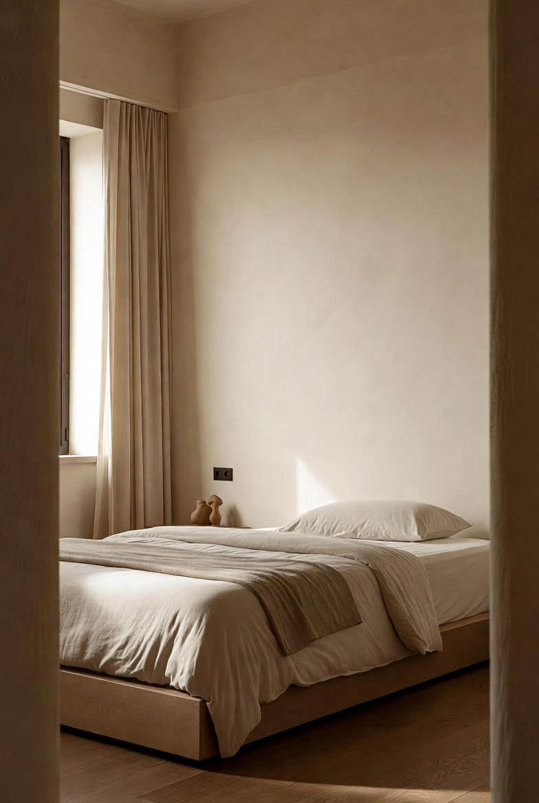 اتاق خواب مینیمال با طراحی طبیعی، تخت خواب ساده کم‌ارتفاع، دیوارهای رنگ خنثی، نور ملایم روز و پرده‌های روشن و سبک.