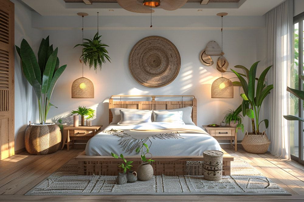 اتاق خواب مینیمال بوهمی با عناصر طبیعی، تخت خواب ساده با ملحفه‌های سفید، گیاهان سبز بزرگ، آباژورهای حصیری و دکور چوبی گرم.