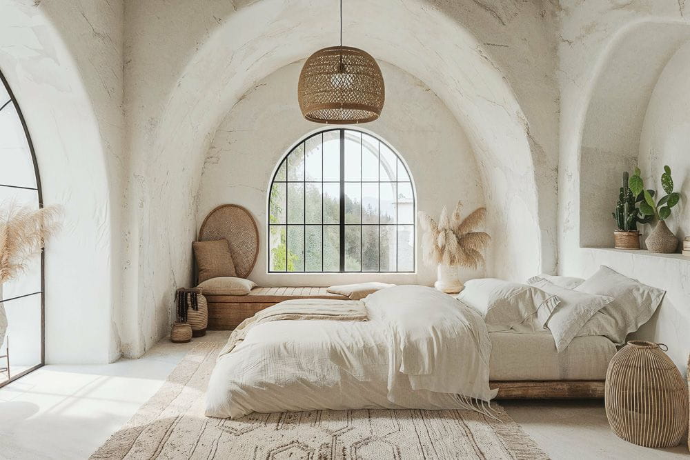 اتاق خواب مینیمال با الهام مدیترانه‌ای، قوس‌های گچی سفید، تخت ساده چوبی، نور طبیعی، سبد حصیری و گیاهان سبز برای ایجاد فضایی آرام و طبیعی.