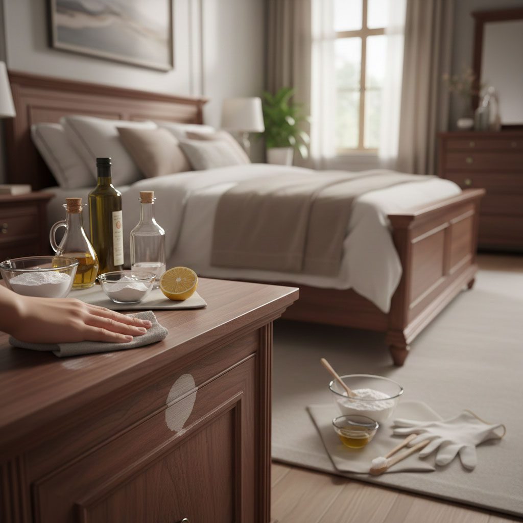 تمیز کردن لکه روی چوب با روغن زیتون، لیمو و مواد طبیعی روی پاتختی چوبی در اتاق خواب