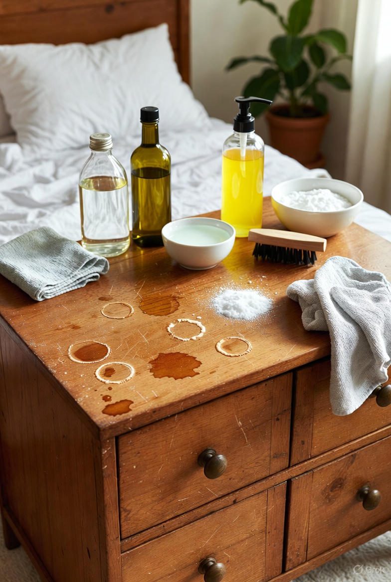 میز چوبی با لکه‌های آب و چربی به همراه جوش شیرین، روغن و مواد لکه‌بر خانگی برای تمیز کردن چوب