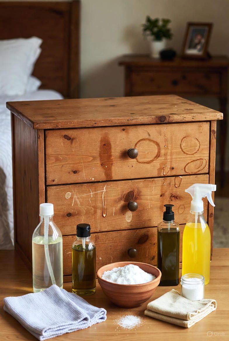 کشوی چوبی قدیمی با لکه‌های آب و مواد طبیعی تمیزکننده مانند سرکه، روغن و دستمال برای پاک کردن لکه از چوب