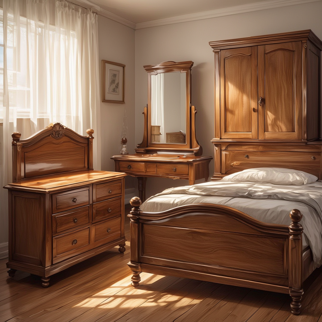 سرویس خواب چوبی براق شامل تخت، کمد و میز آرایش در اتاق خواب روشن و کلاسیک