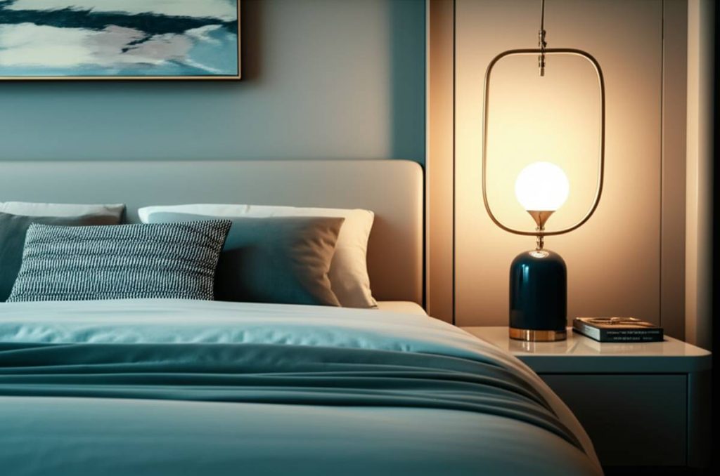 نمای نزدیک از تخت خواب مدرن با آباژور و نور ملایم – نمادی از راحتی و طراحی هوشمند در سرویس خواب