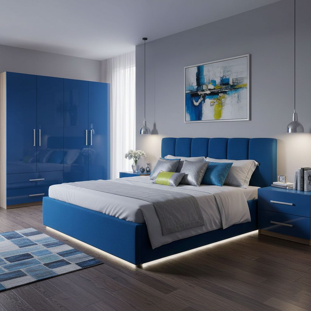 سرویس خواب اسپرت آبی رویال ۲۰۲۶ با تخت و کمد براق، روتختی سفید و کوسن‌های نقره‌ای و سبز، طراحی مدرن با نور طبیعی