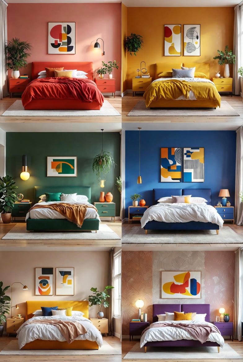 کلاژ شش مدل سرویس خواب اسپرت ۲۰۲۶ با رنگ‌های جسورانه قرمز، زرد، سبز زمردی، آبی رویال و بنفش، ایده‌های ترکیب رنگ برای دکور اتاق خواب