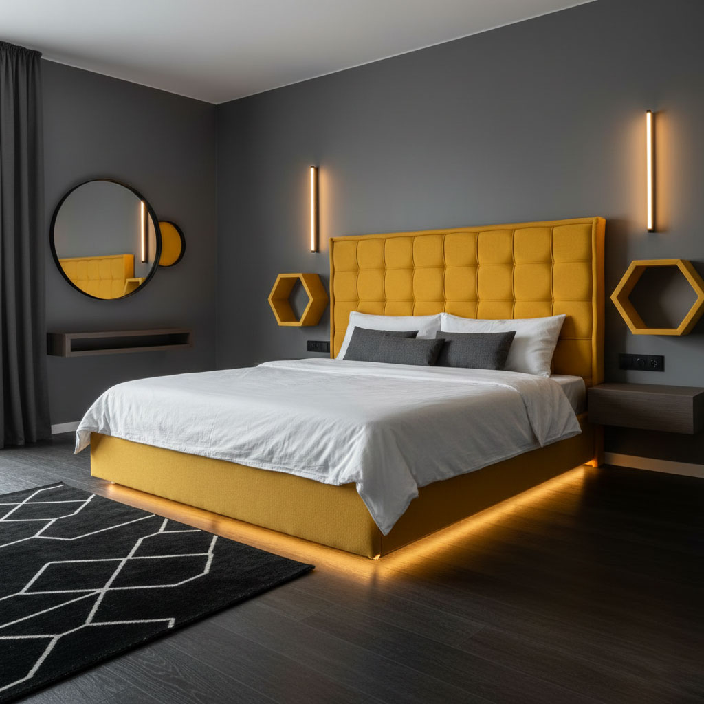 اتاق خواب مدرن با تخت و تاج زرد خردلی روی پس‌زمینه دیوار طوسی، نورپردازی خطی و دکور مینیمال برای سرویس خواب اسپرت ۲۰۲۶