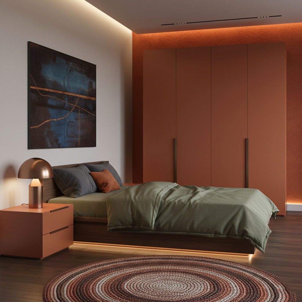 سرویس خواب اسپرت مدرن با تخت سبز زیتونی و کمد و میز پاتختی نارنجی سوخته، نورپردازی مخفی و دکور مینیمال ۲۰۲۶