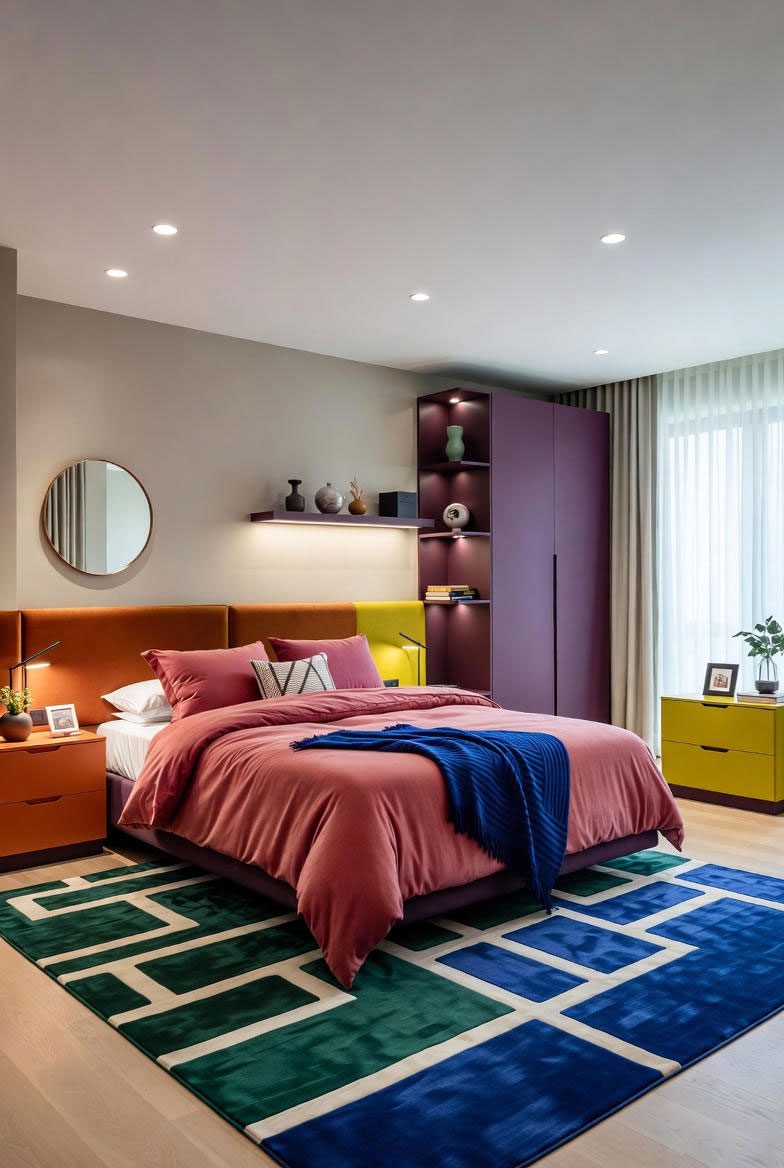 اتاق خواب اسپرت ۲۰۲۶ با سرویس خواب نارنجی و صورتی، کمد بنفش و سبز لیمویی و فرش هندسی آبی و سبز، طراحی مدرن با رنگ‌های پرانرژی