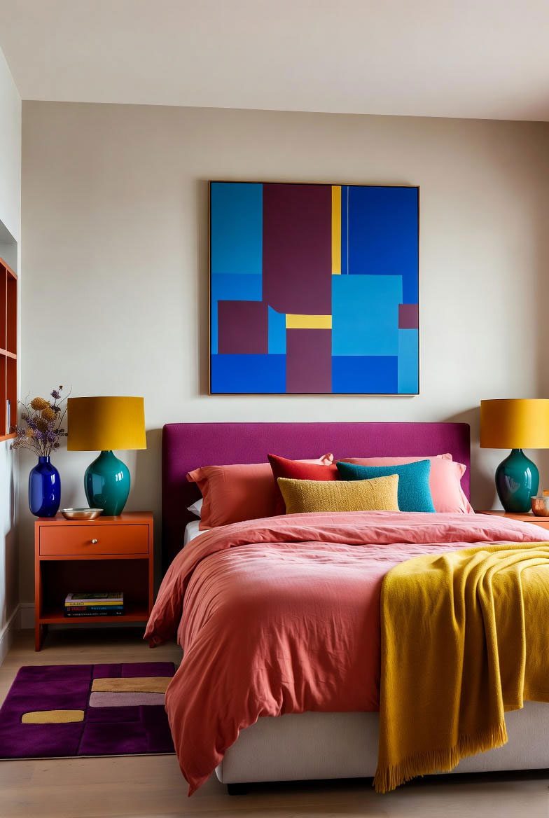 سرویس خواب اسپرت ۲۰۲۶ با روتختی مرجانی، تاج تخت بنفش و کوسن‌های زرد و آبی، دکور اتاق خواب مدرن با رنگ‌های جسورانه