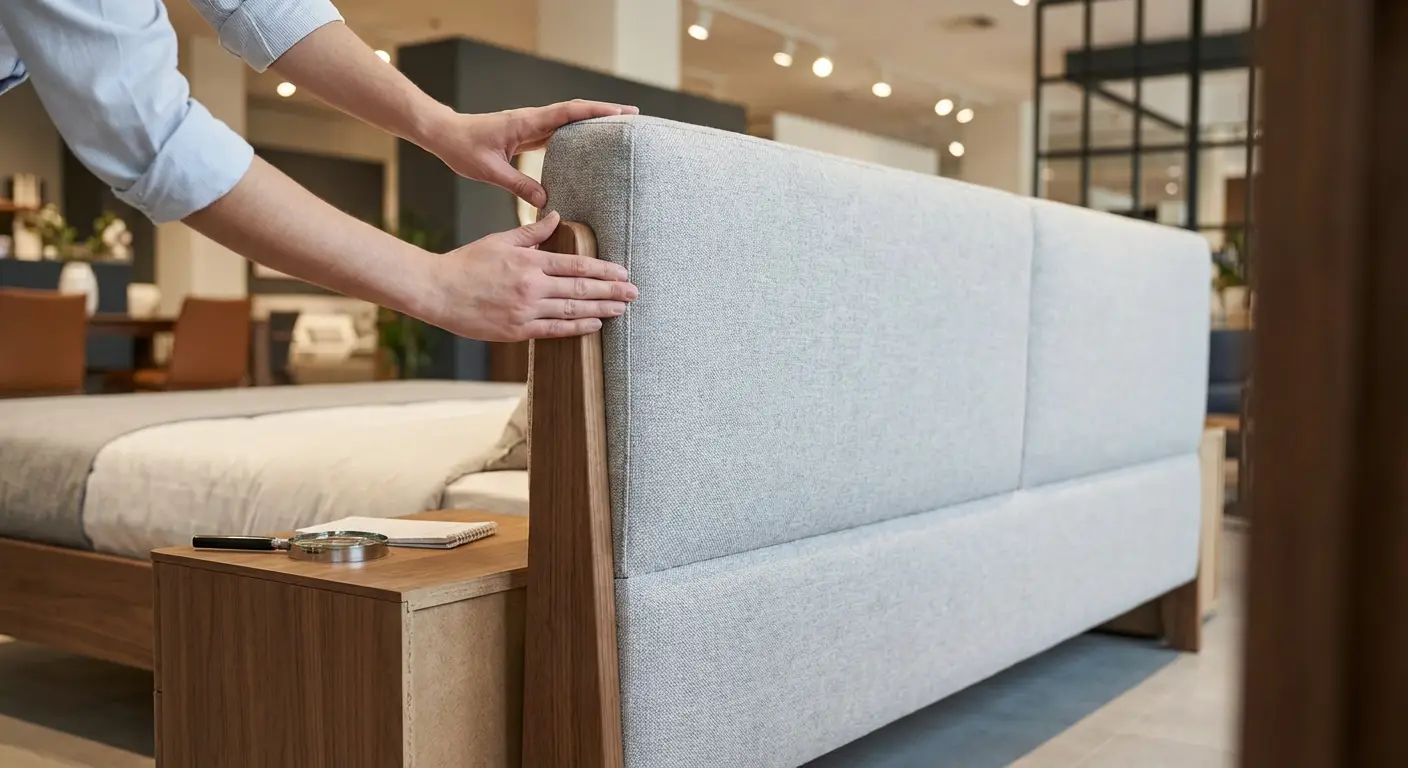 بررسی دقیق کیفیت پارچه و استحکام تاج تخت خواب توسط خریدار قبل از انتخاب نهایی