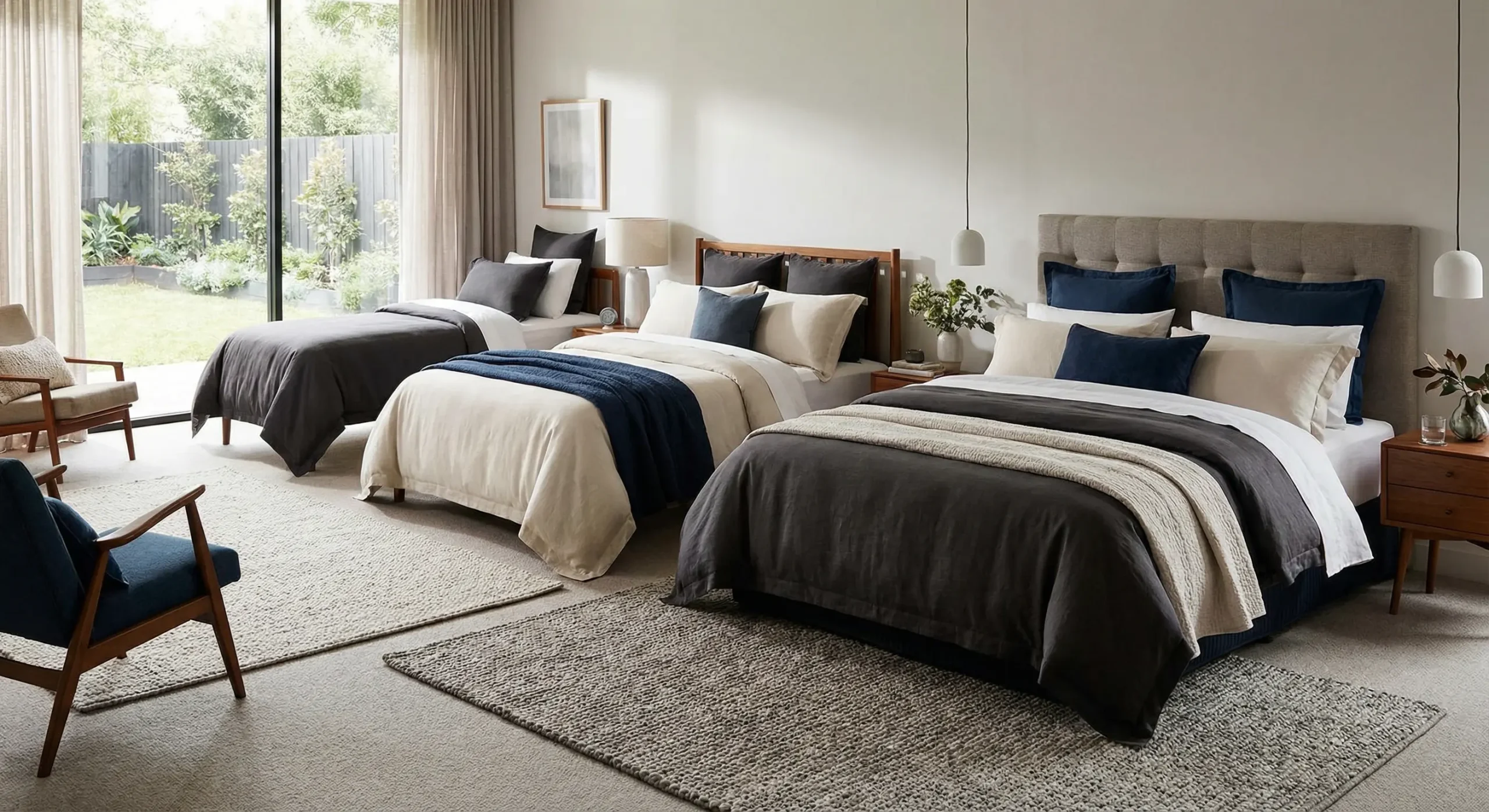 چیدمان سه تخت خواب یک نفره استاندارد در کنار هم در دکوراسیون اتاق خواب مدرن