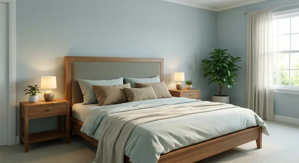 چیدمان متقارن تخت خواب چوبی با پاتختی و آباژور برای ایجاد تعادل و آرامش در اتاق خواب