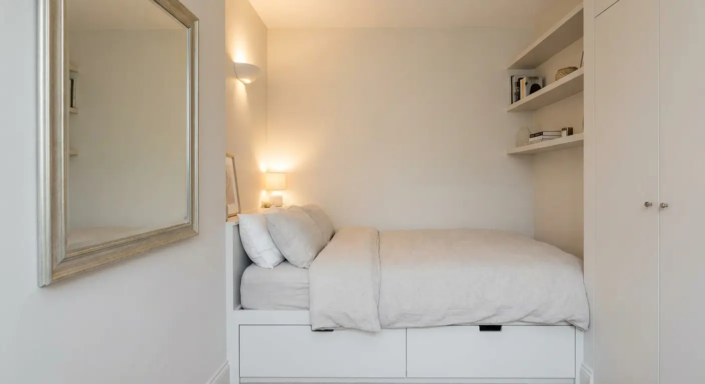 دکوراسیون و فنگ شویی اتاق خواب کوچک با استفاده از تخت خواب مدرن سفید و چیدمان منظم