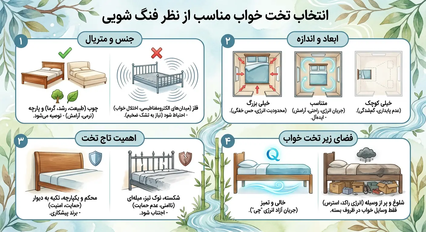 راهنمای تصویری انتخاب تخت خواب مناسب از نظر فنگ شویی شامل جنس چوبی، ابعاد و اهمیت تاج تخت