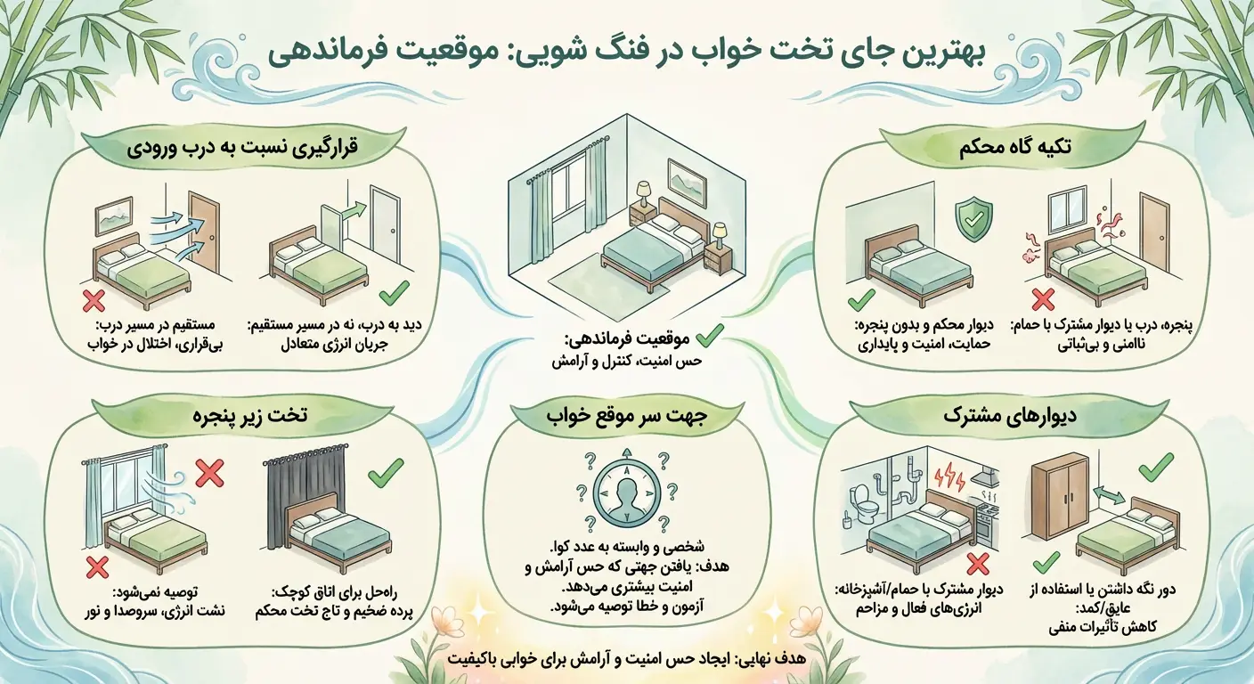 دیاگرام آموزشی بهترین محل قرارگیری تخت خواب در اتاق و بررسی موقعیت فرماندهی در فنگ شویی