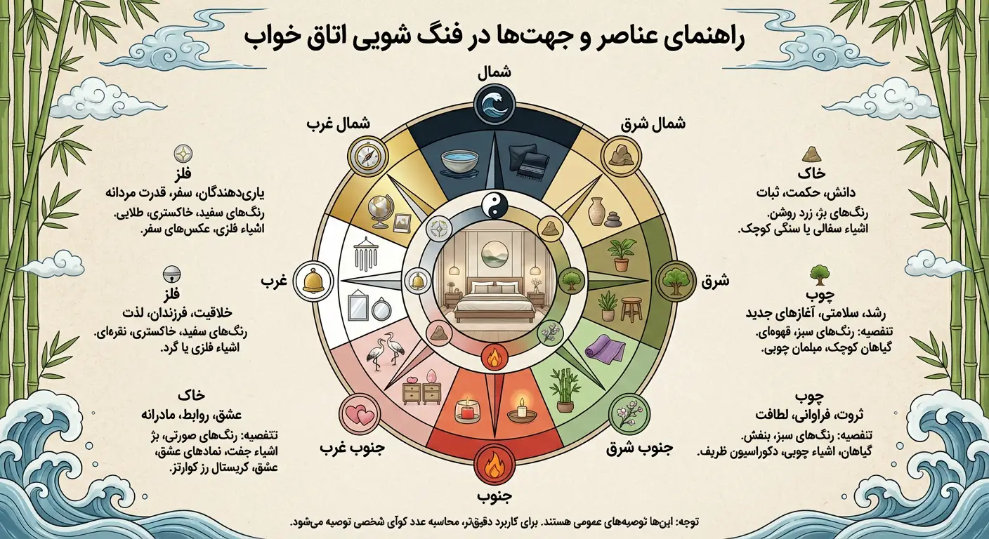 نقشه راهنمای عناصر پنجگانه و جهتهای جغرافیایی در فنگ شویی اتاق خواب برای تقویت انرژی