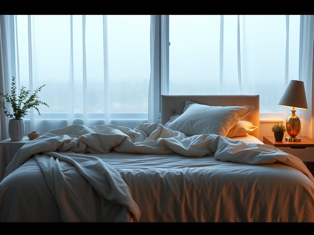 اتاق خوابی آرام و مدرن با نور طبیعی از پنجره و یک تختخواب نامرتب که نمادی از خواب راحت و باکیفیت شبانه است و اهمیت انتخاب تشک مناسب را نشان میدهد.