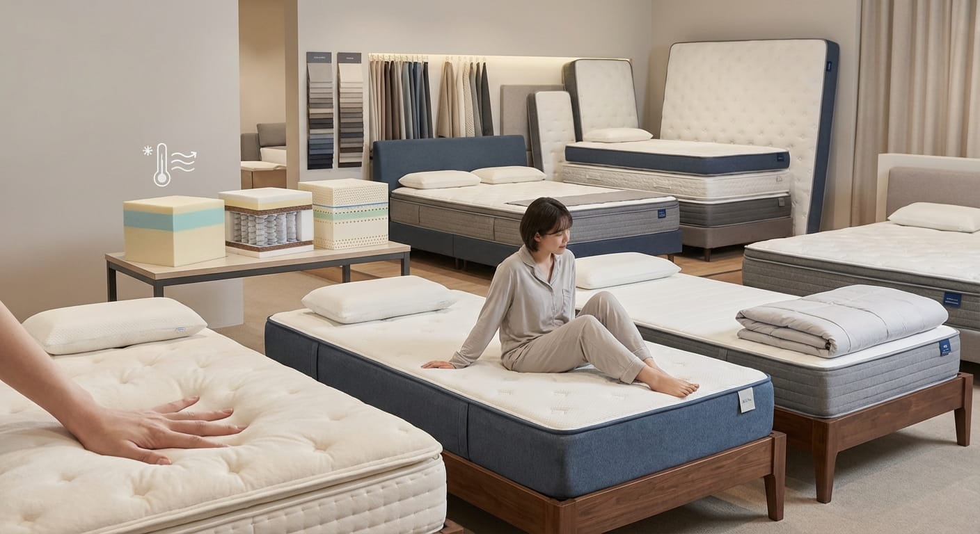 شوروم تشک با نمایش انواع مدل‌های فنری، مموری فوم و هیبریدی؛ زنی در حال تست و انتخاب تشک مناسب برای خوابی ایده‌آل.
