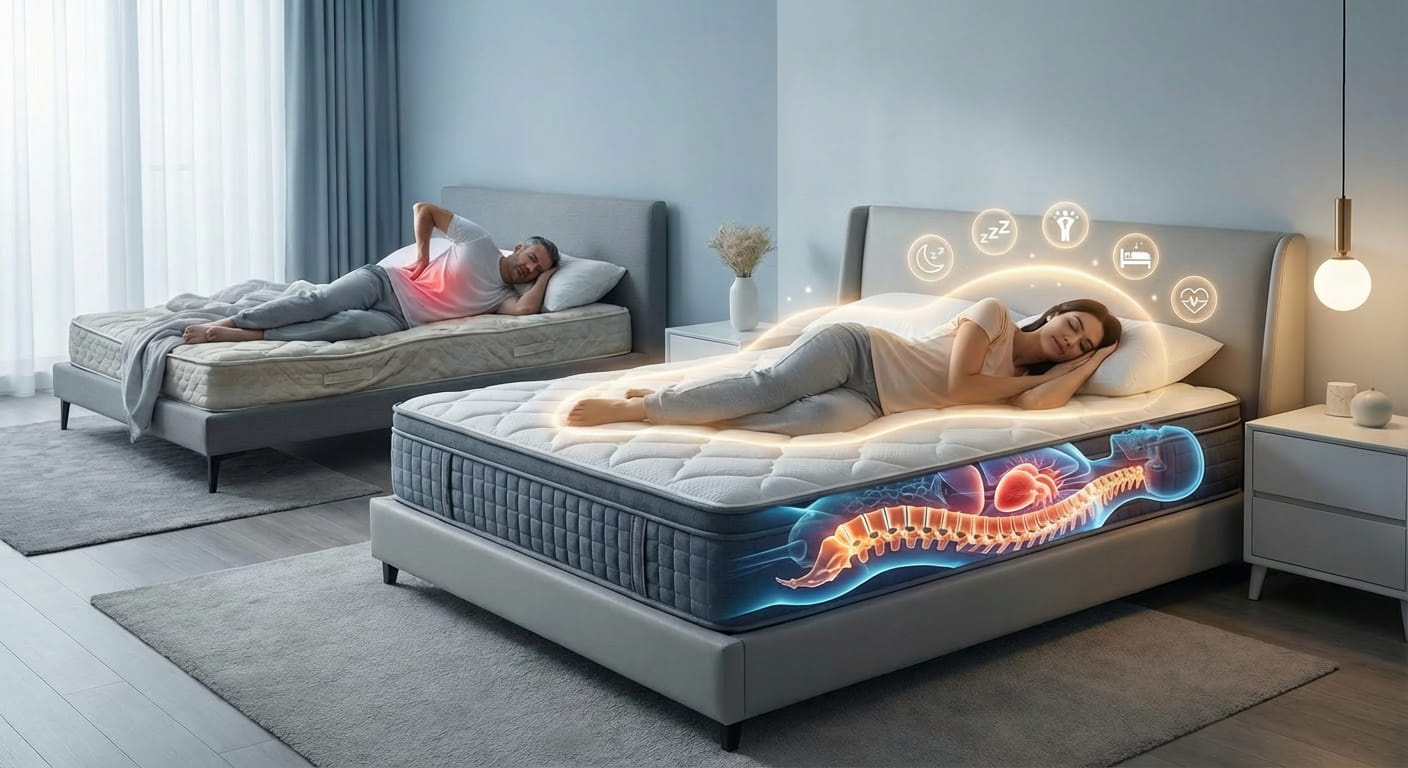 مقایسه تصویری تاثیر تشک مناسب و نامناسب بر سلامت بدن؛ در یک سمت زنی با خوابی آرام و ستون فقرات سالم و در سمت دیگر مردی که از کمردرد ناشی از تشک نامناسب رنج می‌برد.