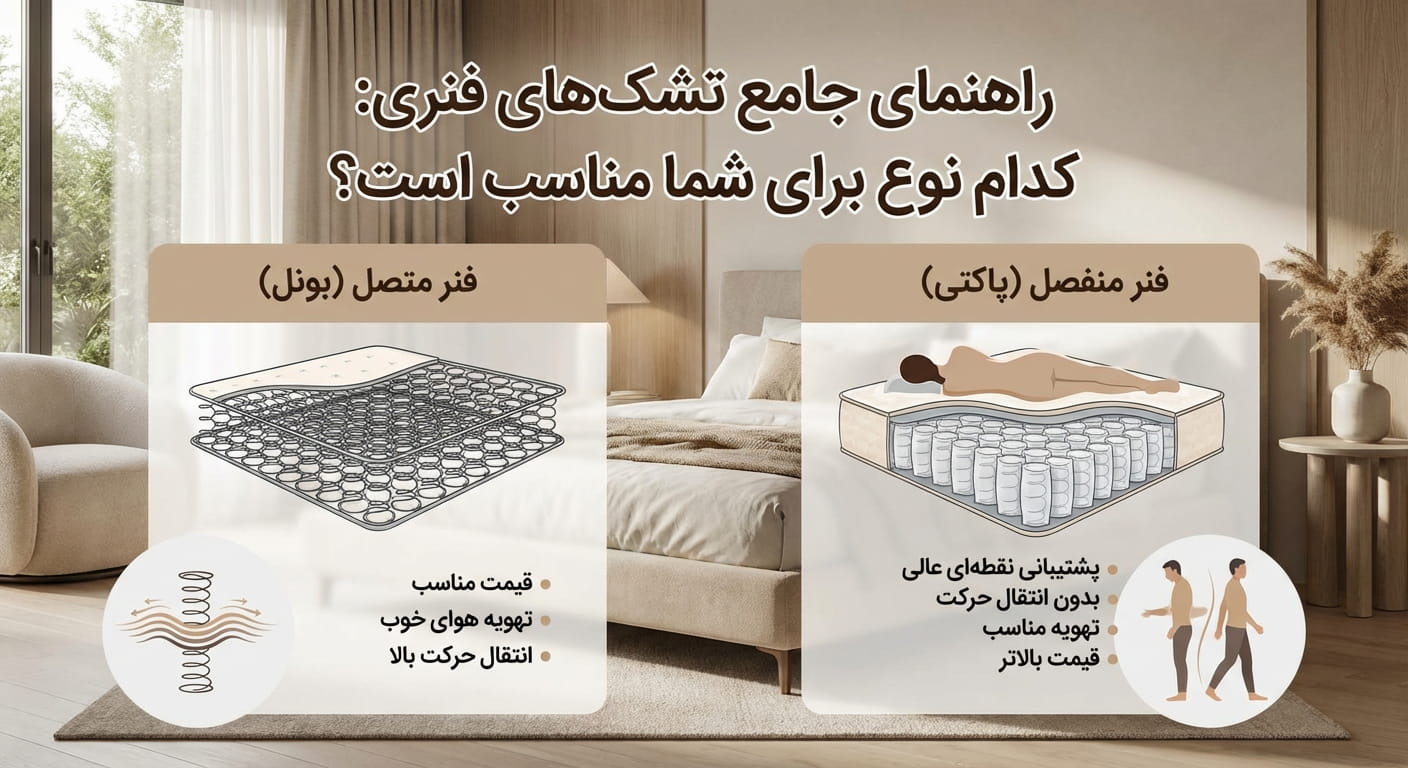 راهنمای جامع انواع تشک فنری؛ مقایسه تشک فنر متصل (بونل) با تشک فنر منفصل (پاکتی) از نظر مزایا، معایب و میزان انتقال حرکت برای انتخاب بهتر.