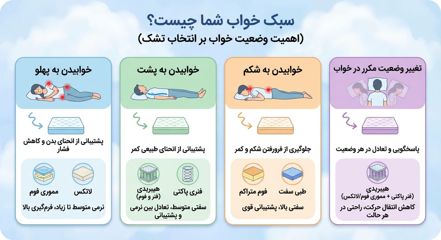 اینفوگرافیک راهنمای انتخاب تشک بر اساس سبک خواب؛ شامل چهار وضعیت خوابیدن به پهلو، به پشت، به شکم و تغییر وضعیت مکرر و معرفی بهترین نوع تشک (مموری فوم، هیبریدی، فوم سرد و هیبریدی) برای هر کدام.