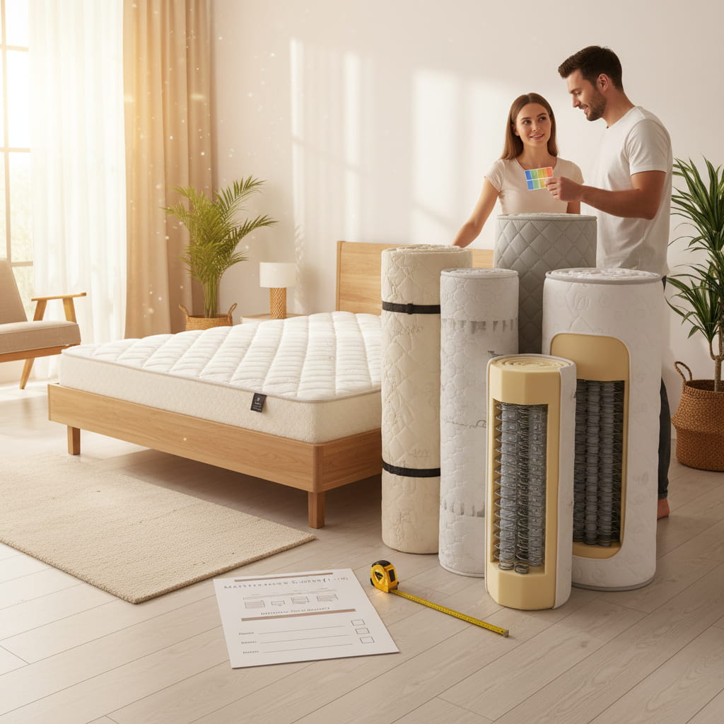 یک زوج در حال بررسی معیارهای کلیدی در انتخاب تشک و چک لیست جامع برای خرید