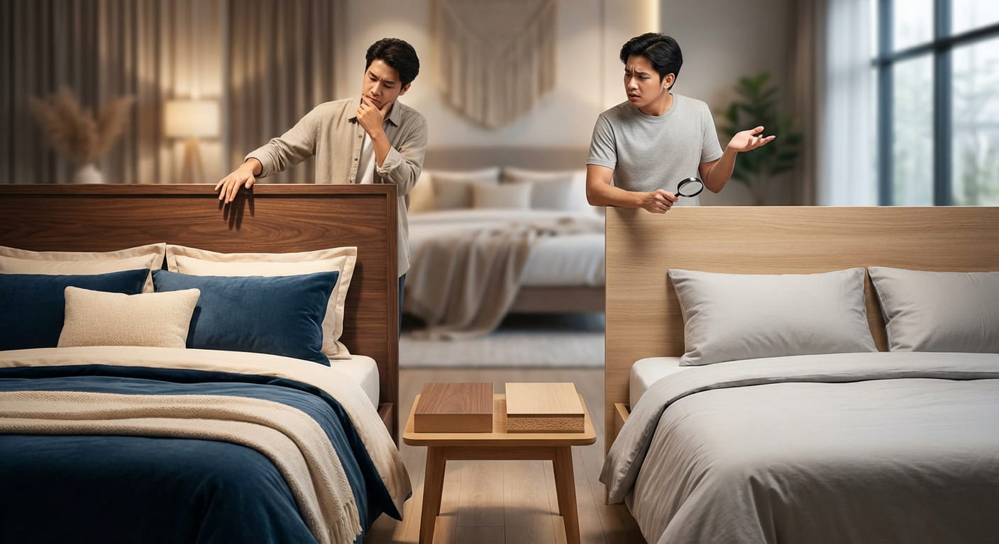 مقایسه و تشخیص تفاوت ظاهری تخت خواب ام دی اف و ملامینه هنگام خرید سرویس خواب از فروشگاه