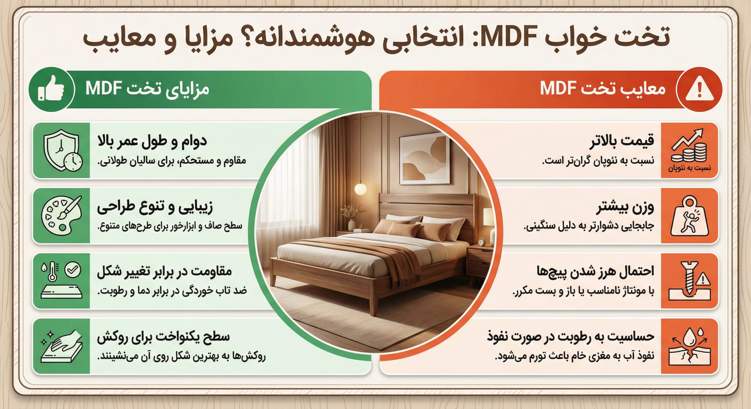 جدول مزایا و معایب تخت خواب ام دی اف (MDF)؛ بررسی دوام، قیمت و کیفیت برای خرید سرویس خواب