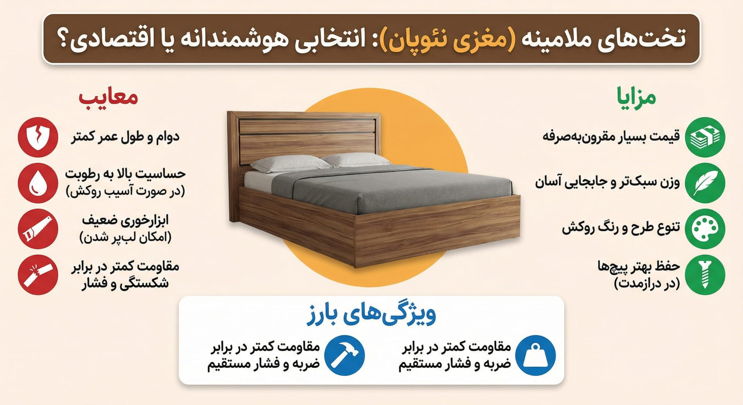 اینفوگرافیک بررسی مزایا و معایب تخت خواب ملامینه با مغزی نئوپان؛ انتخاب اقتصادی یا هوشمندانه؟
