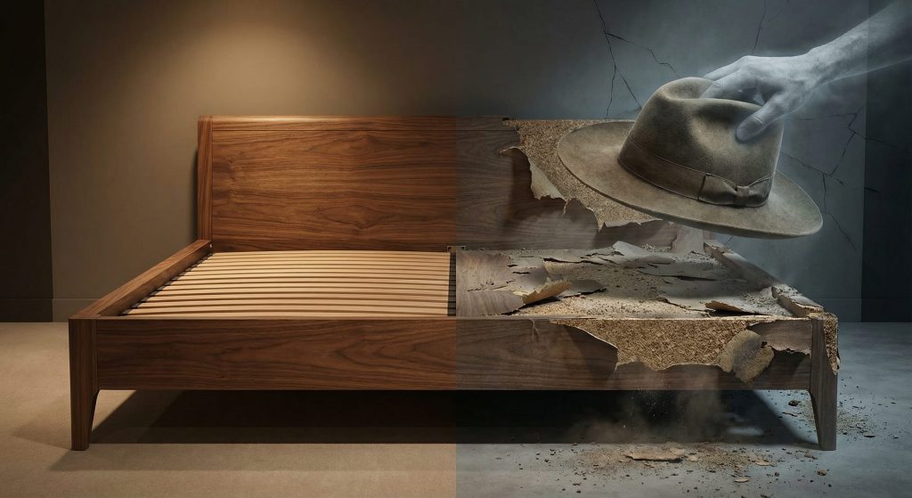 تصویر مفهومی از تفاوت کیفیت تخت ام دی اف و ملامینه و هشدار درباره کلاهبرداری هنگام خرید تخت خواب