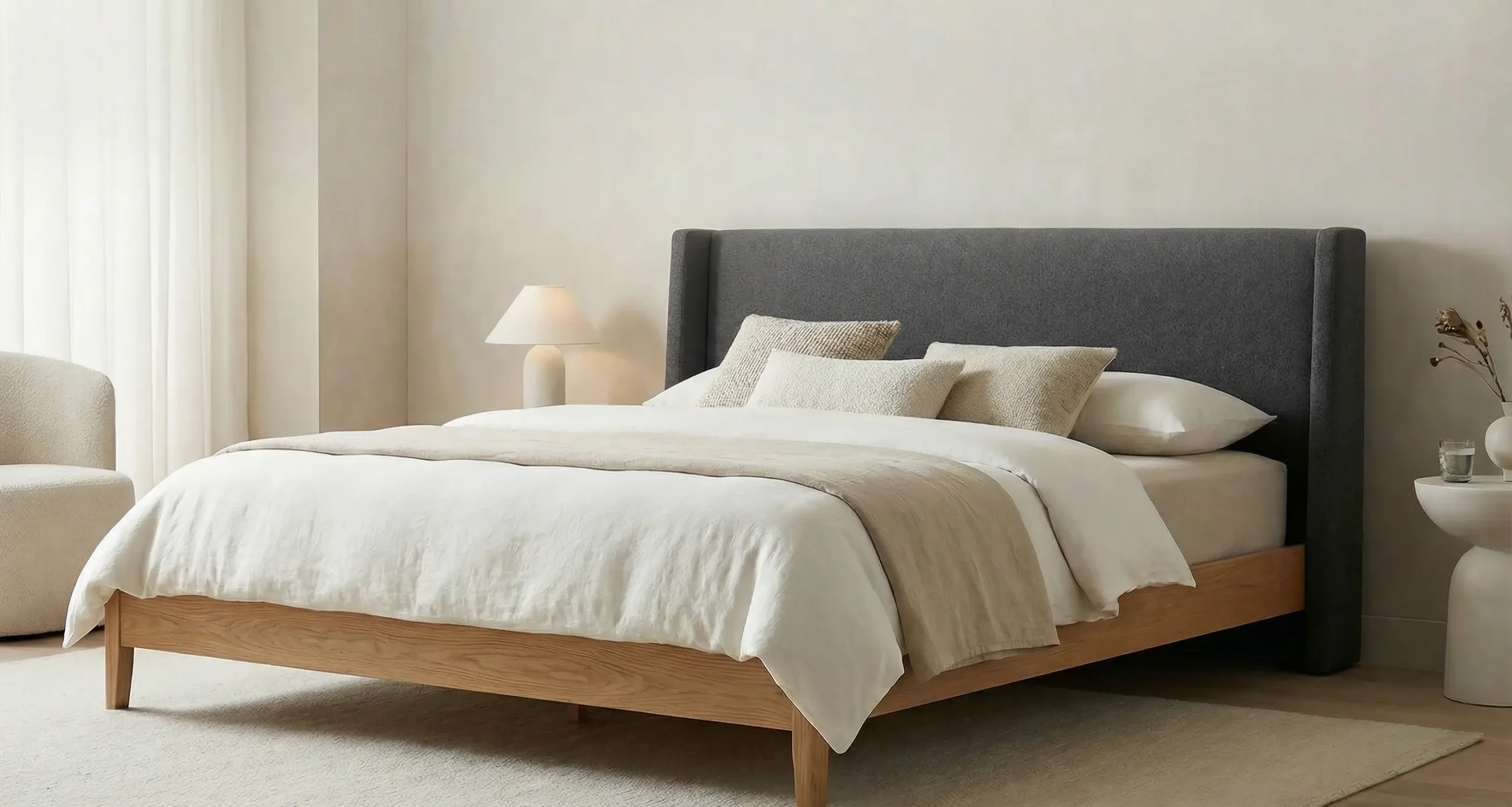 تخت خواب دو نفره مدرن با طراحی مینیمال، فریم چوبی و تاج تخت پارچهای طوسی رنگ