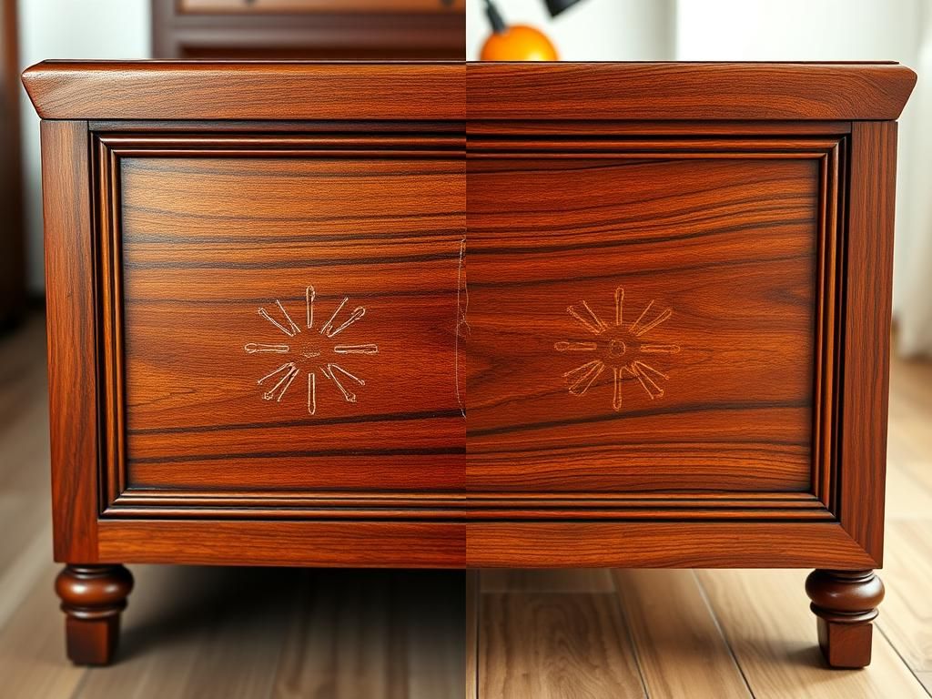 تصویر مقایسه قبل و بعد از ترمیم خراشیدگیهای روی دراور چوبی و محو شدن کامل خطوط