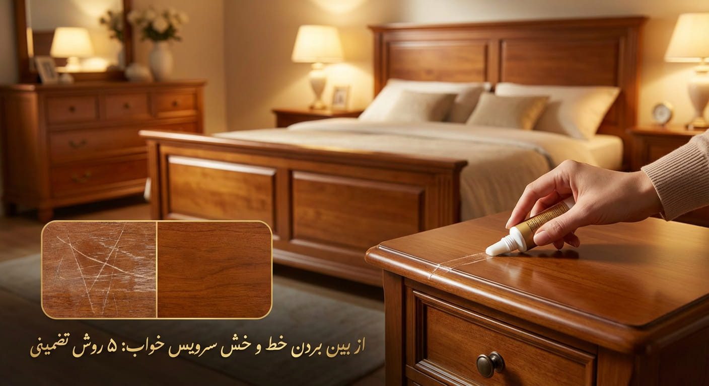 استفاده از کرم خشگیر برای از بین بردن خط و خش روی پاتختی سرویس خواب چوبی