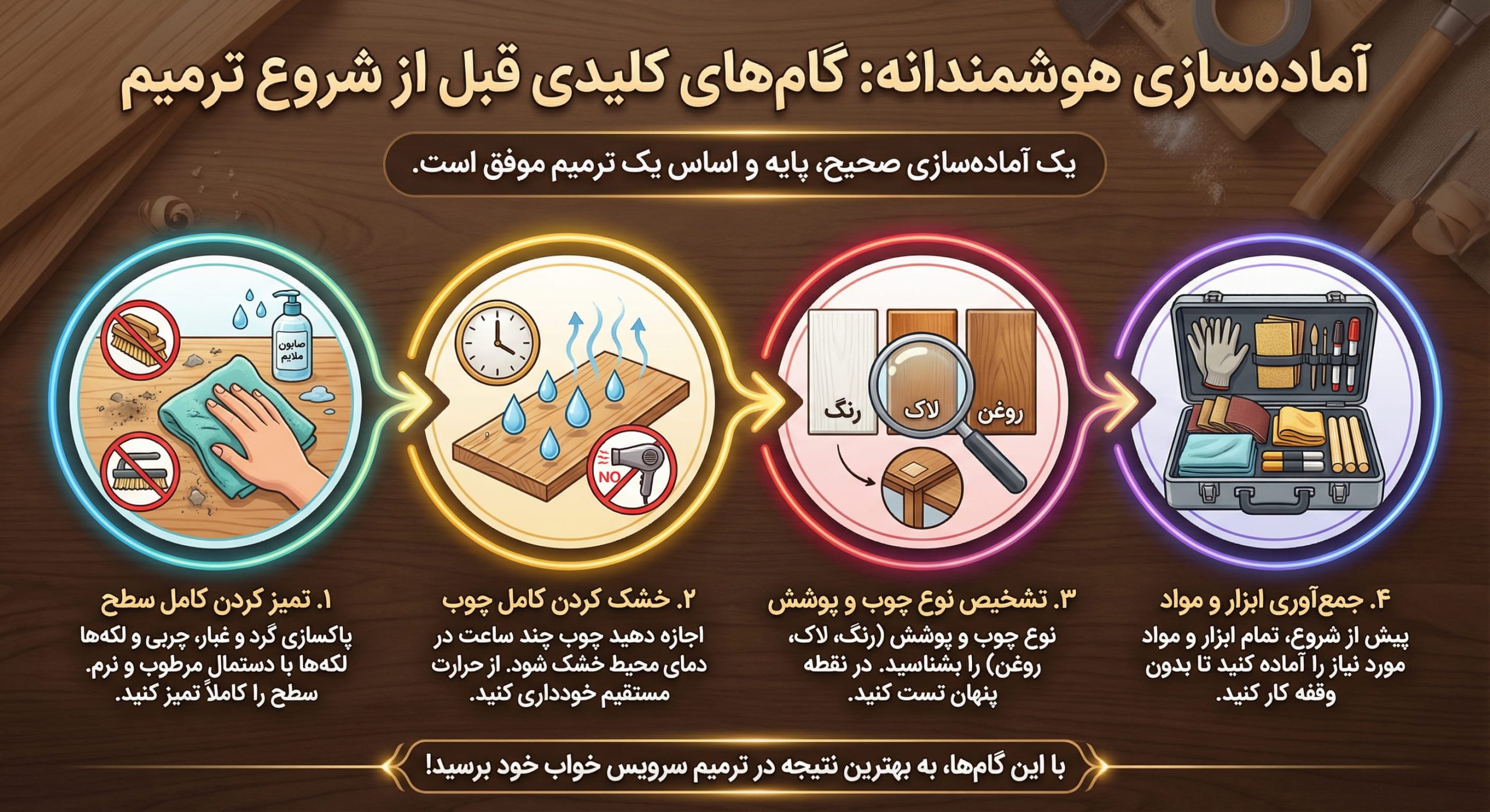 مراحل آمادهسازی سطح چوب قبل از تعمیر شامل تمیزکاری، خشک کردن و تشخیص نوع رنگ