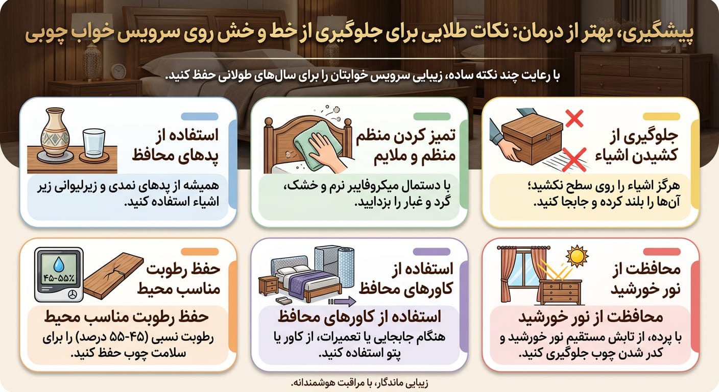اینفوگرافیک ۶ نکته مهم برای جلوگیری از خط و خش و نگهداری اصولی سرویس خواب چوبی